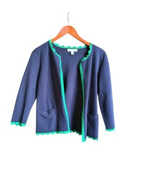 1901 Open Front Navy Blue Sweater Scalloped Green Hem Size Small Preppy Classic